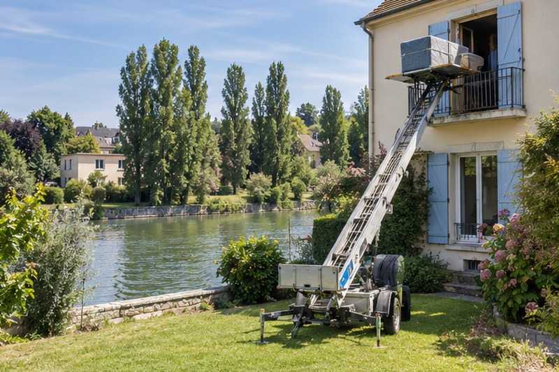 Monte-meuble devant une maison au bord de l’eau : chantier Rue Albert Euvrard