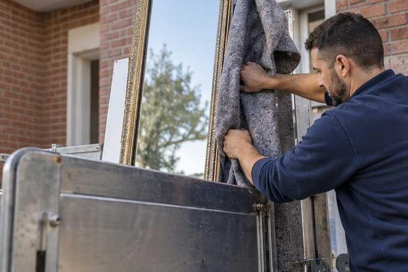 Miroir calé contre le garde-corps : chantier Rue Alex
