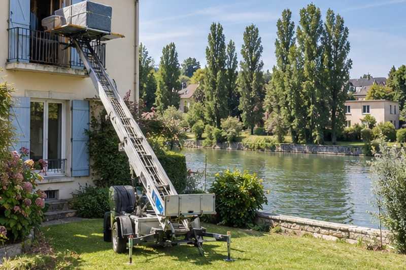 Monte-meuble devant une maison au bord de l’eau