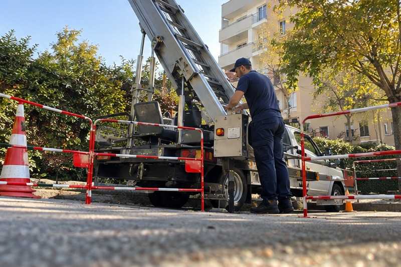 Commande du monte-meuble au pied de l’échelle : chantier Rue Aimé Bonpland