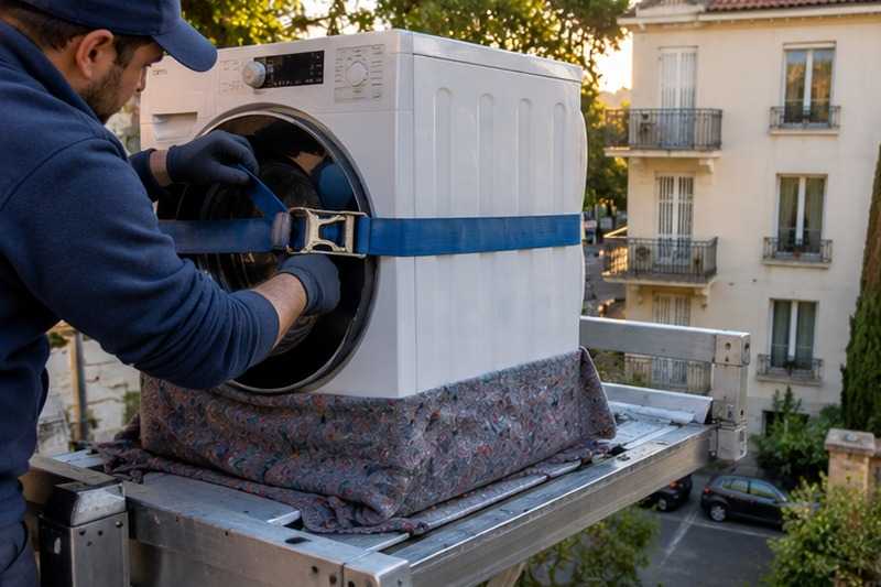 Lave-linge sanglé sur le plateau : chantier Rue Alexandre Falguière