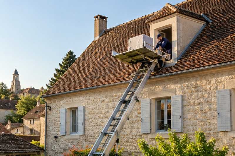 Lucarne de maison de bourg atteinte par l’échelle : chantier Rue Arthur Rimbaud