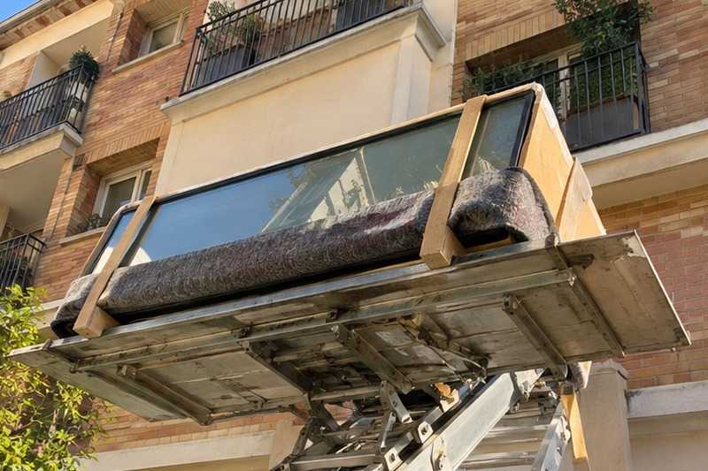 Plateau de verre en caisse sur l’échelle : chantier Rue Albert Schweitzer