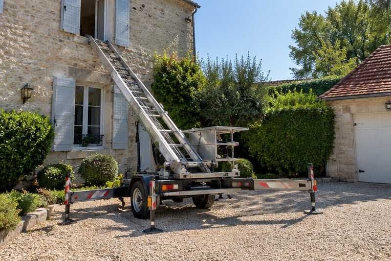 Monte-meuble sur remorque devant une villa en meulière : chantier Rue de Praslin