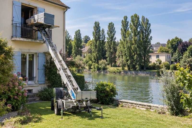 Monte-meuble devant une maison au bord de l’eau : chantier Rue Albert Frédéric Theisz