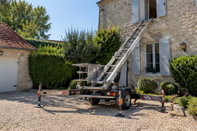 Monte-meuble sur remorque devant une villa en meulière : chantier Rue Alfred de Musset