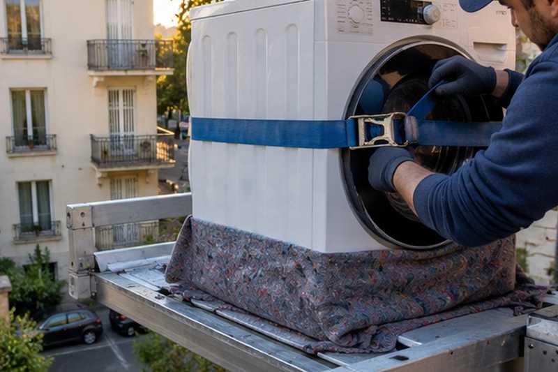 Lave-linge sanglé sur le plateau