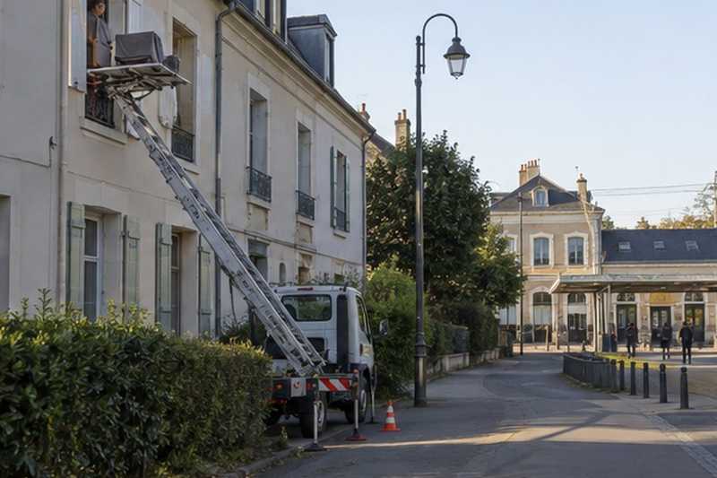 Monte-meuble dans une rue proche de la gare : chantier Rue Anne Frank