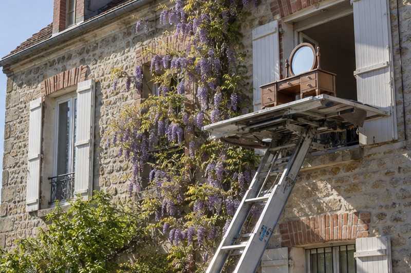 Coiffeuse hissée près d’une glycine : chantier Rue Charlie Chaplin